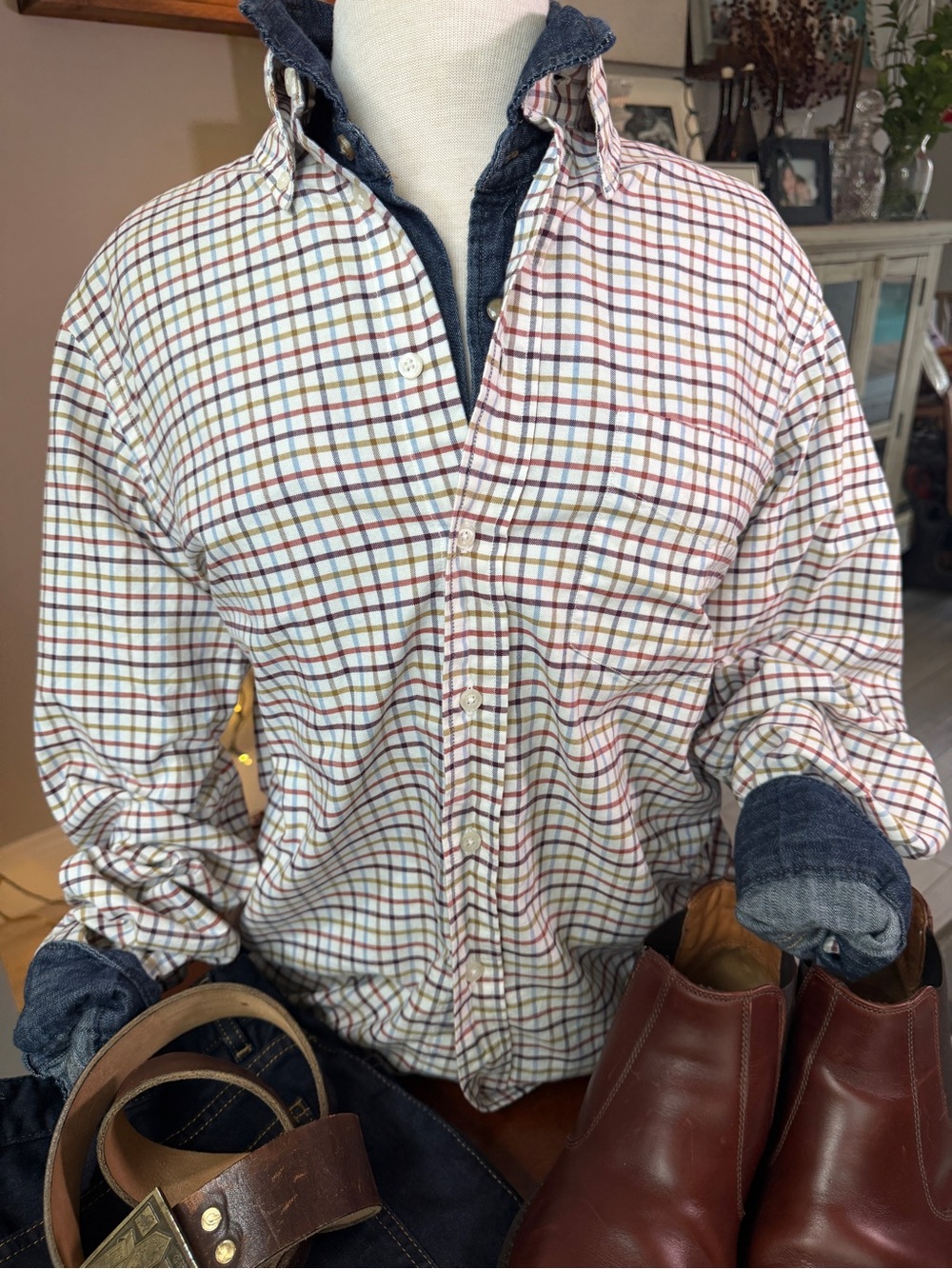 Boggi Milano Men's M Plaid Button Down Shirt 100% Cotton Fall Colors